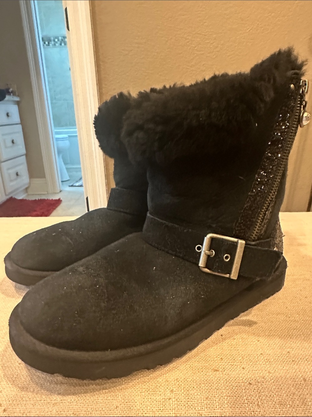UGG Black Faux-Shearling Ankle Boots with Buckle & Back Zip